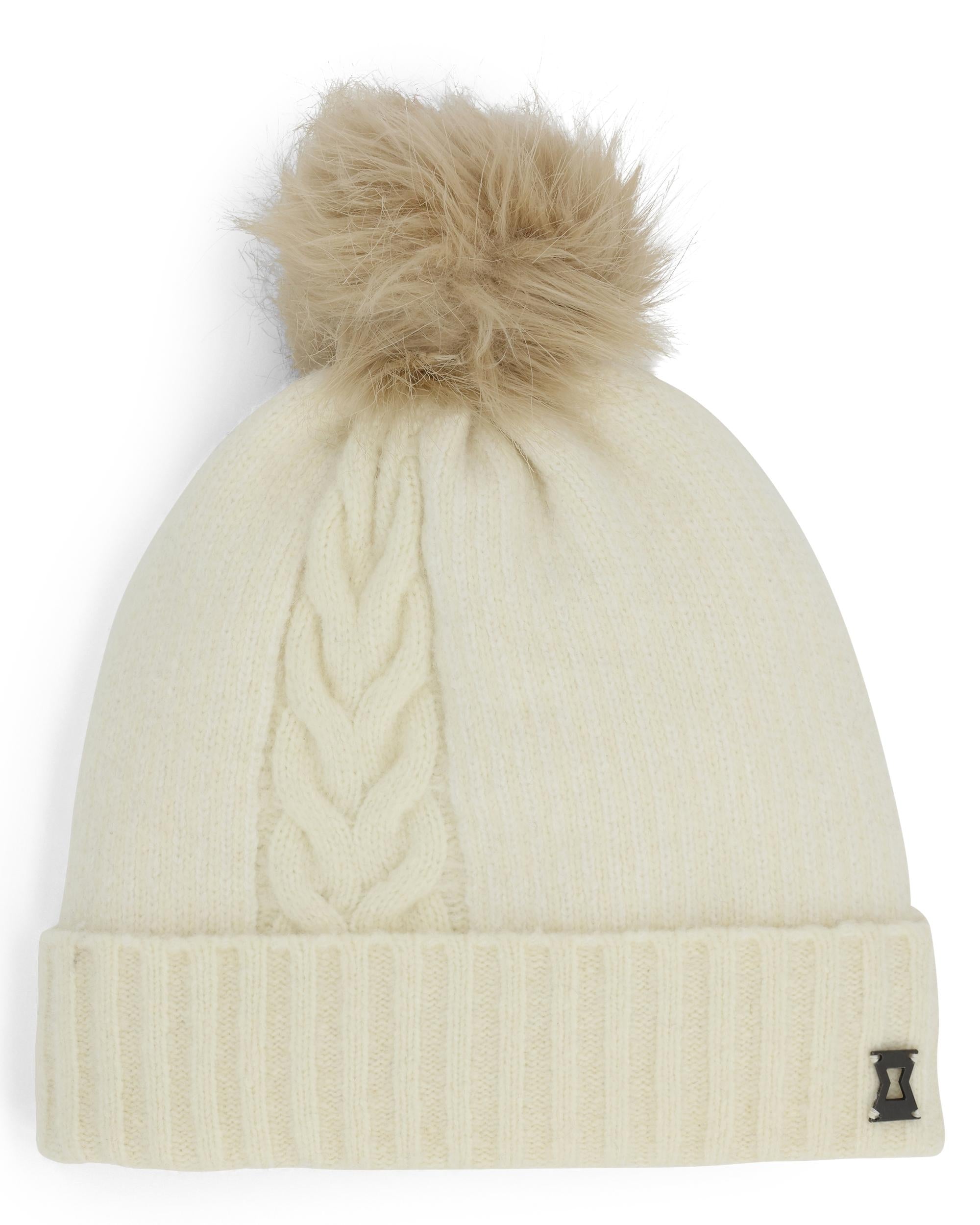 Womens Plait Pom Hat - White